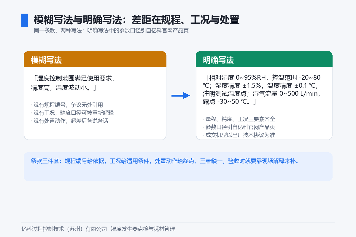 模糊写法与明确写法比较示例图:左栏模糊写法如湿度控制精度满足使用要求,右栏明确写法给出量程、精度、工况与规程编号,亿科官网产品页口径作为明确写法的事实基线 模糊写法与明确写法比较示例图:左栏模糊写法如湿度控制精度满足使用要求,右栏明确写法给出量程、精度、工况与规程编号,亿科官网产品页口径作为明确写法的事实基线