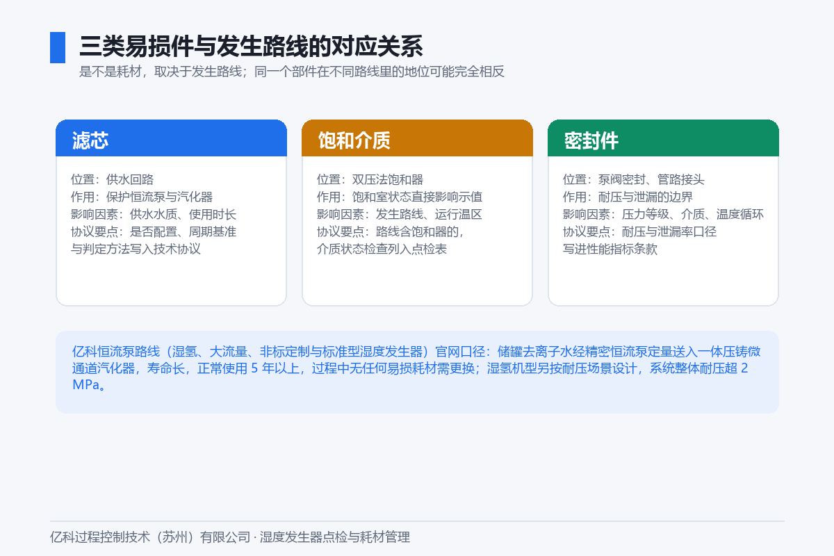 三类易损件与发生路线关系图:滤芯位于供水回路保护恒流泵与汽化器,饱和介质位于双压法饱和器,密封件位于泵阀与管路接头;亿科恒流泵微通道路线官网口径为正常使用5年以上无任何易损耗材需更换 三类易损件与发生路线关系图:滤芯位于供水回路保护恒流泵与汽化器,饱和介质位于双压法饱和器,密封件位于泵阀与管路接头;亿科恒流泵微通道路线官网口径为正常使用5年以上无任何易损耗材需更换