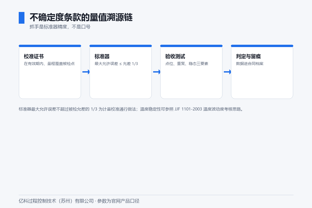 亿科水蒸气发生器验收不确定度量值溯源链图：校准证书、标准器1比3原则、验收测试与留痕